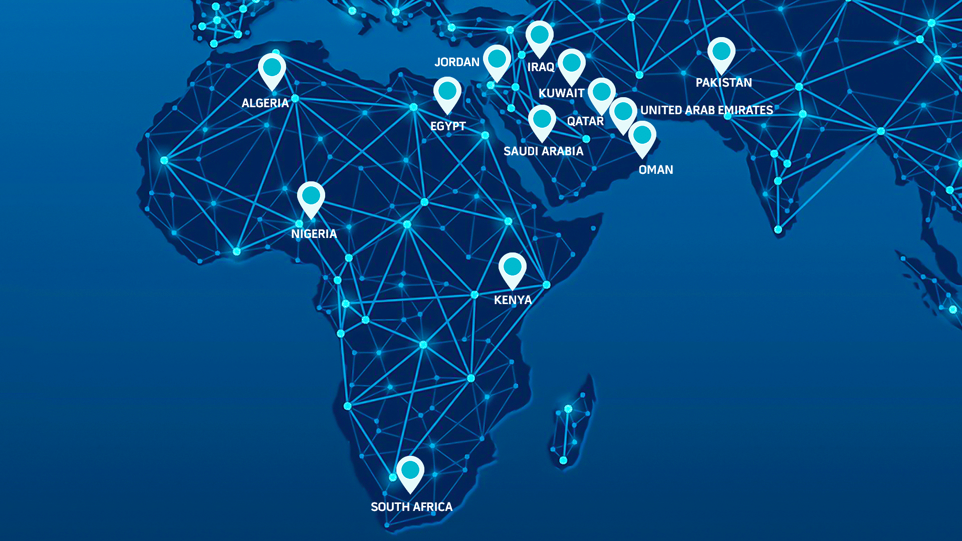 Map of the Middle East and Africa with Location Pins Pinpointing Trident Technology Services Presence